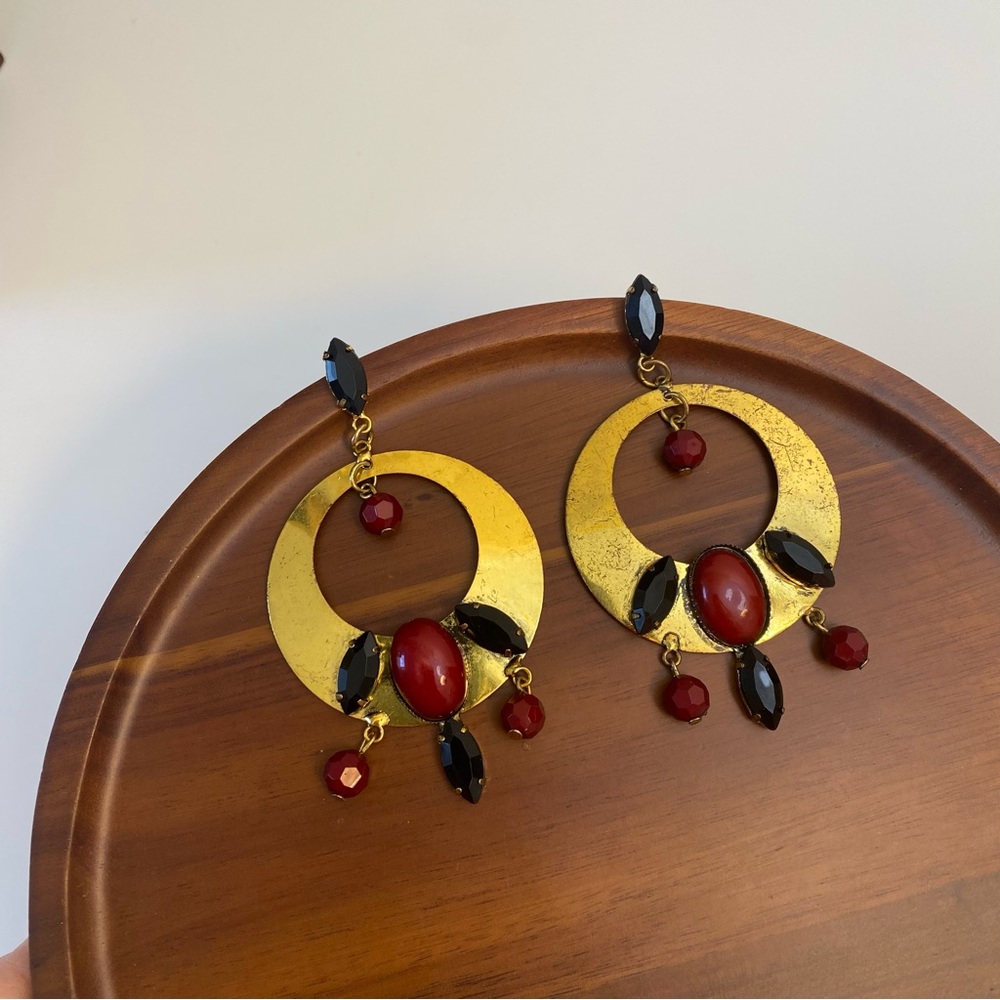 3/$20 Vintage Retro Inspired Elegant Gold and Red Dangle Earrings